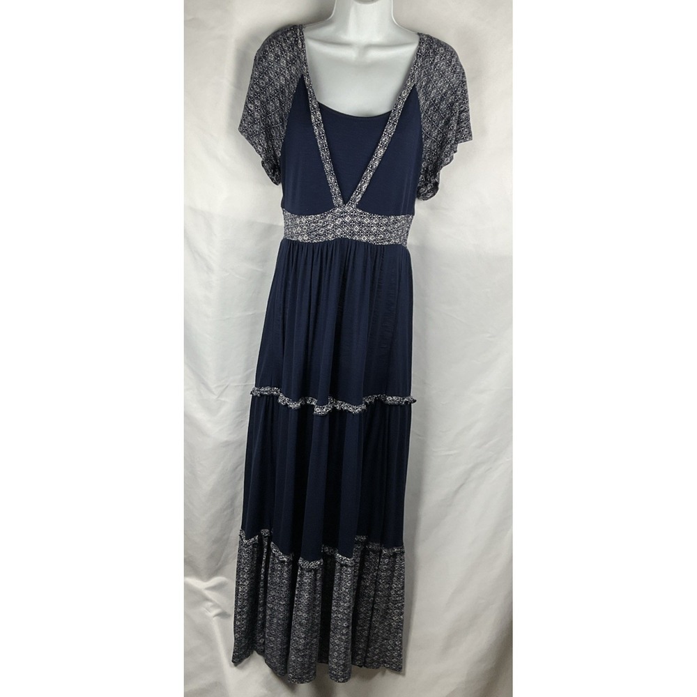 DownEast Women Size XS Blue Maxi Boho Lagenlook Prairie Tiered Dress Oversized